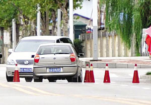 在世博中心门口,这辆轿车不顾阻拦,毫不减速地冲向隔离桩