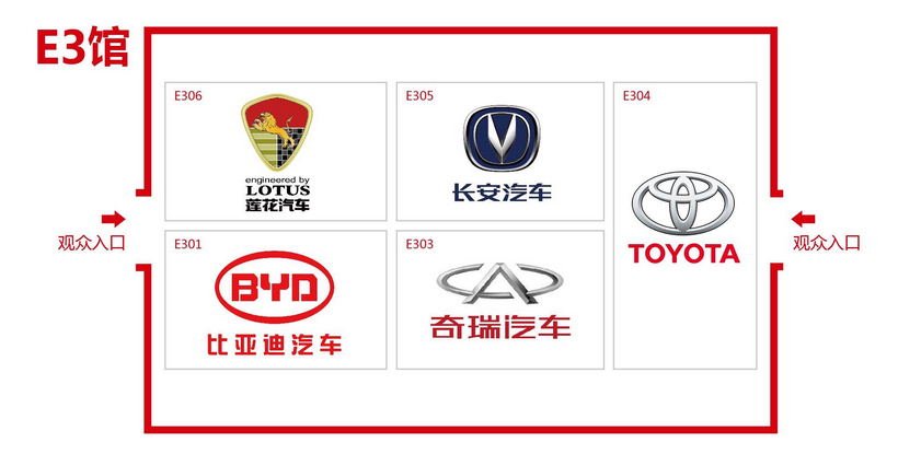 E3馆: 比亚迪、奇瑞、长安汽车、青年莲花、丰田汽车	明星看点：林志颖 9：30—10：00 E304 丰田展台 	 