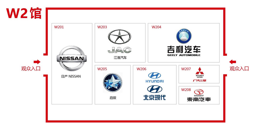 W2馆 :日产、江淮汽车、吉利汽车、启辰、现代及北京现代、三菱汽车、东南汽车。	明星看点：金秀贤 11：30—12：00 W206 现代展台 	 